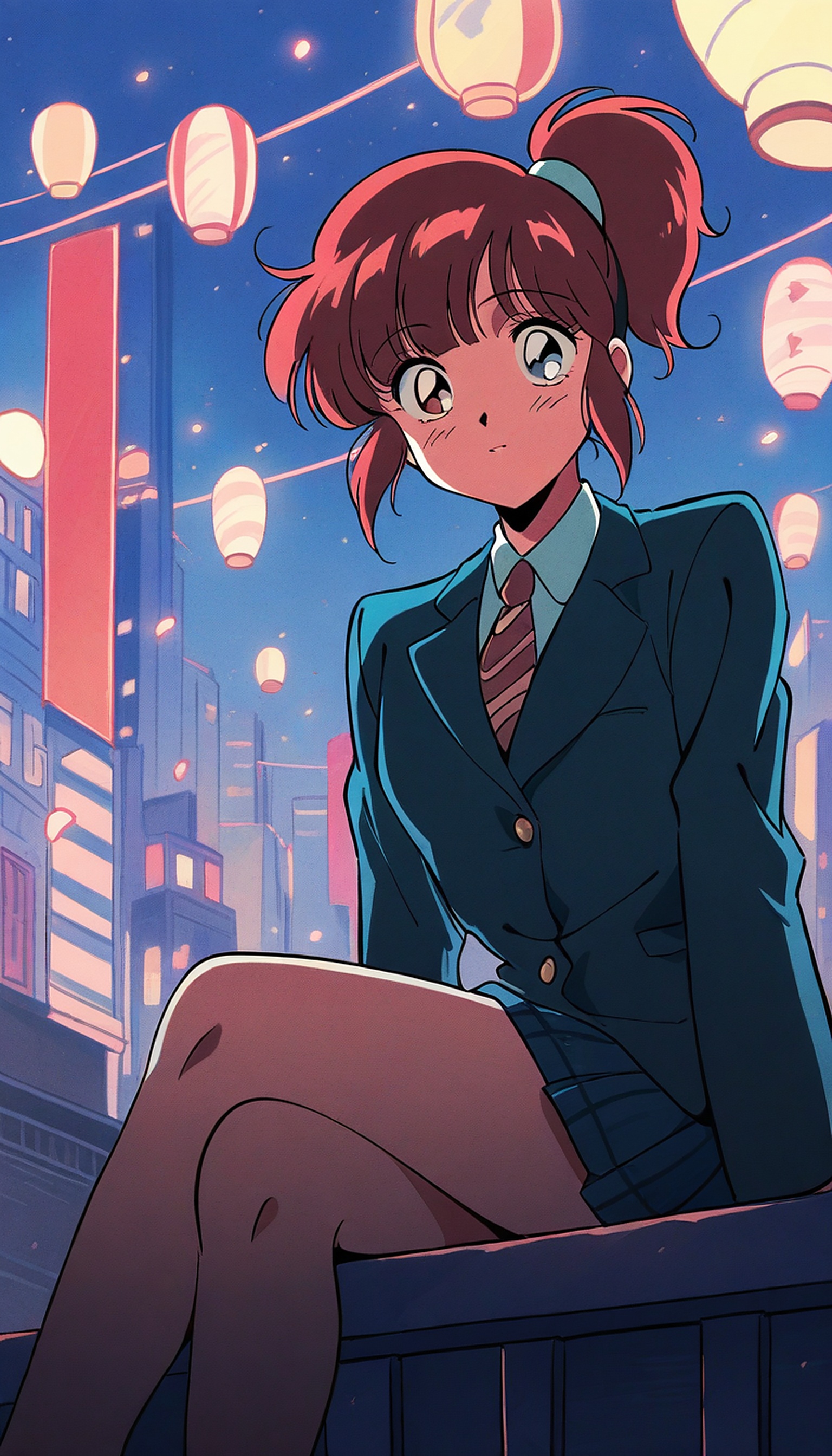 Anime Girl City Night Lanterns Wallpaper, anime girl, city night, lanterns, school uniform, 90s anime, retro anime