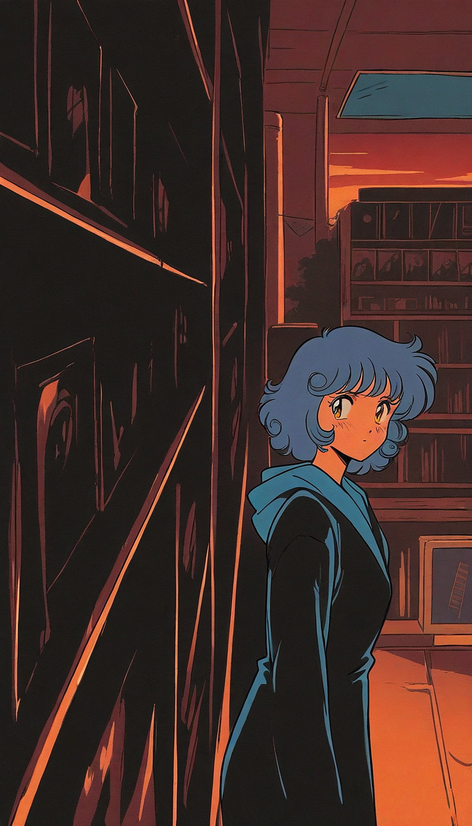 Anime Girl in Cozy Evening Library, anime girl, library, sunset, warm colors, blue hair, cozy