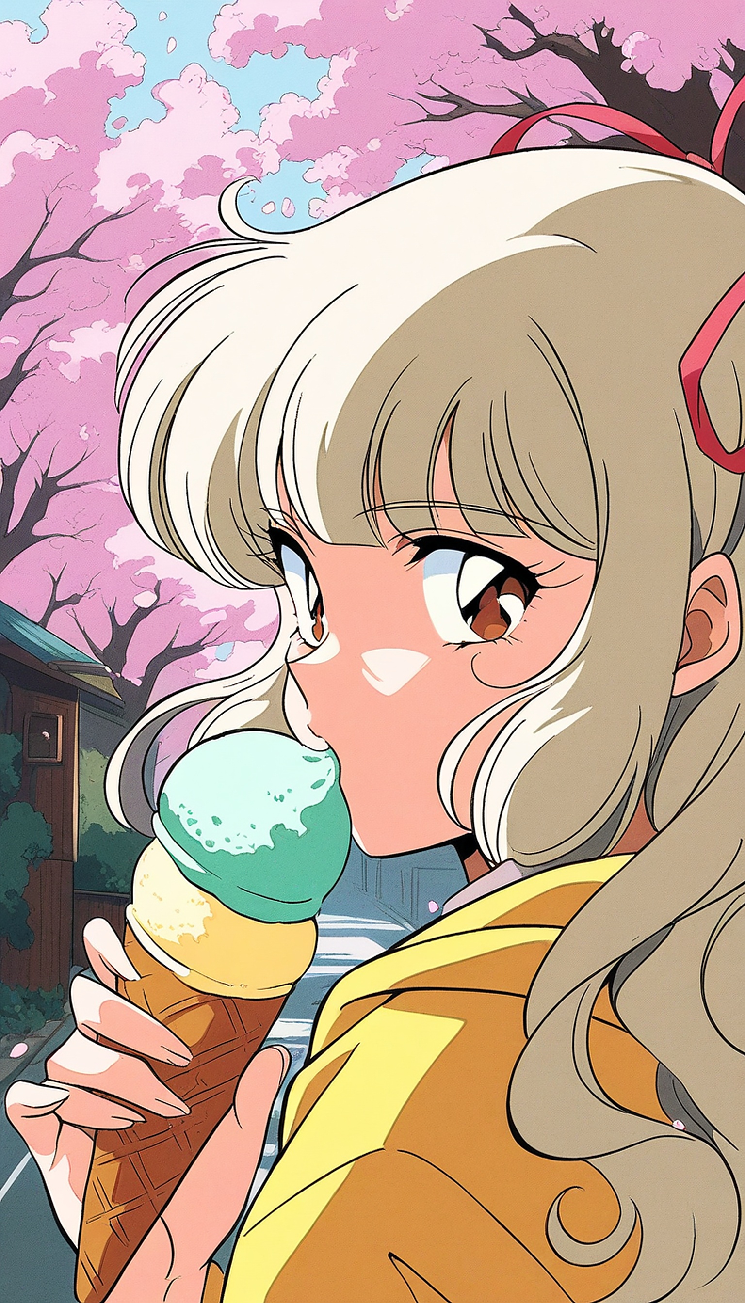 Anime Girl Eating Ice Cream Under Cherry Blossoms, anime girl, ice cream, cherry blossoms, sakura, pink, blonde hair