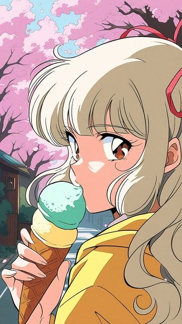 Anime Girl Eating Ice Cream Under Cherry Blossoms