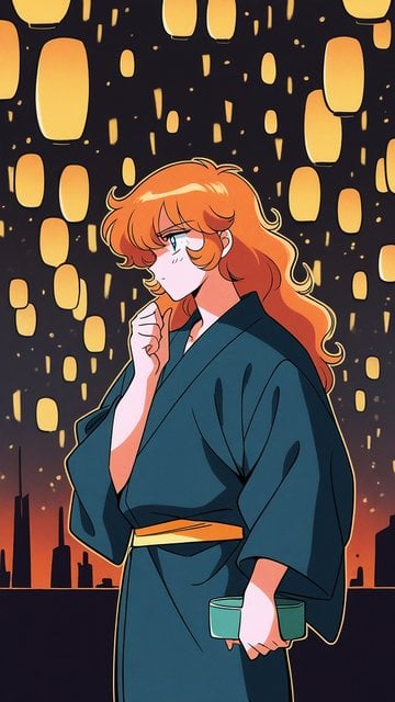 Anime Girl in Kimono, Lanterns & Sunset Cityscape
