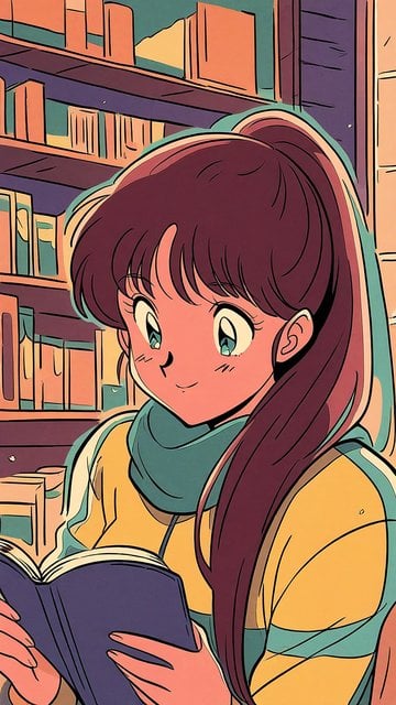Anime Girl Reading in Library Wallpaper