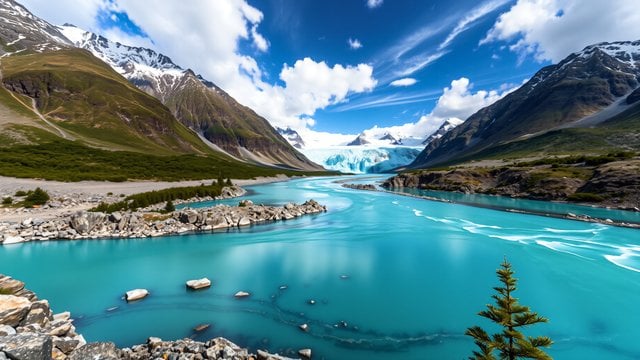 Glacial Lake & Snow-capped Mountains Landscape