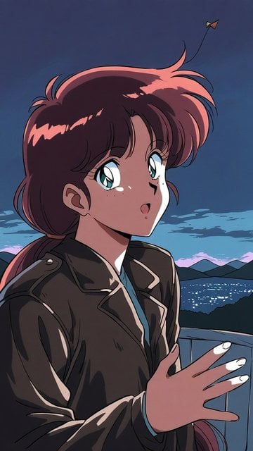 Anime Girl at Twilight Over City Lake