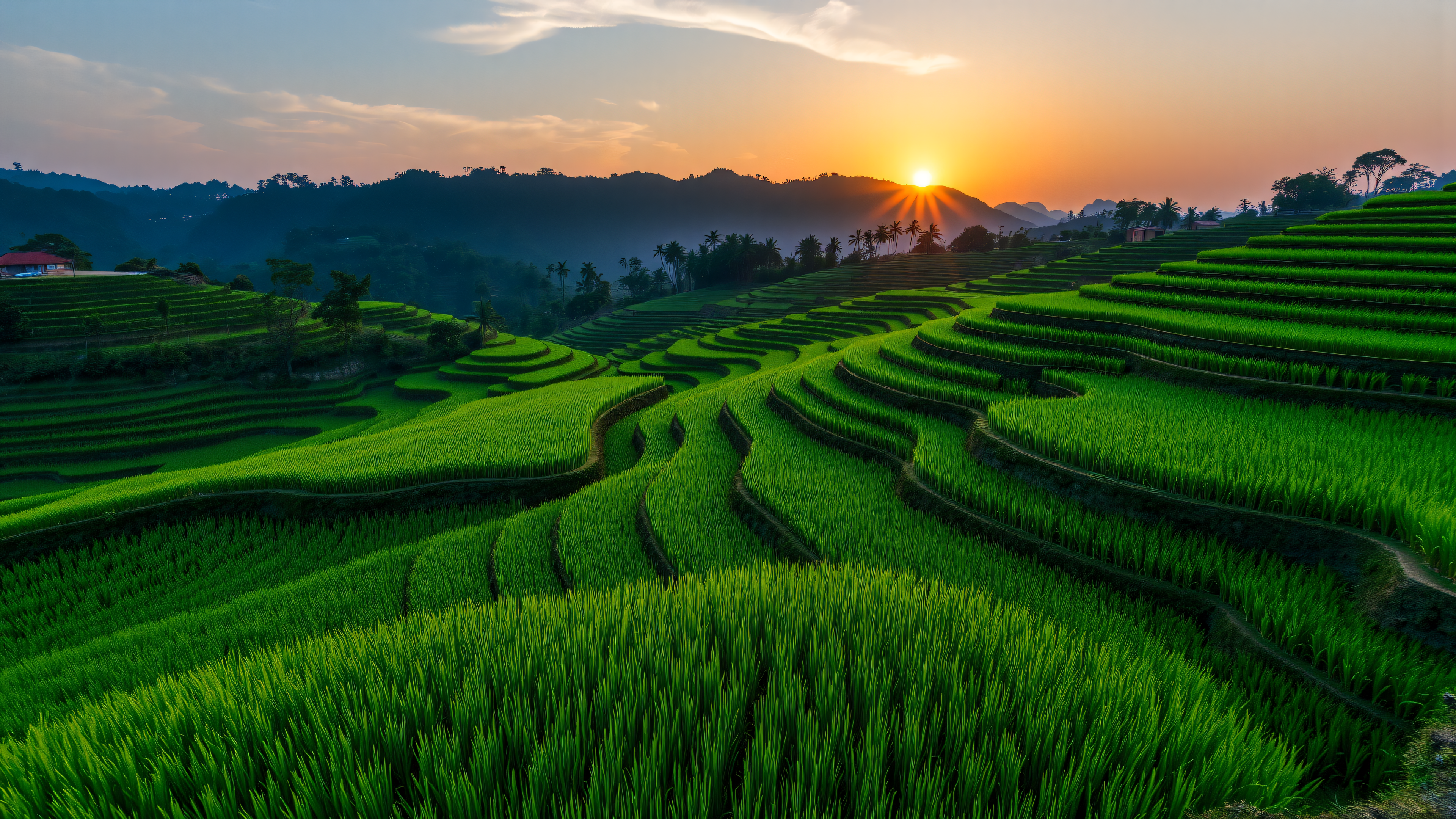 Sunrise over Lush Green Rice Terraces Landscape, rice terraces, sunrise, nature, landscape, green, farming