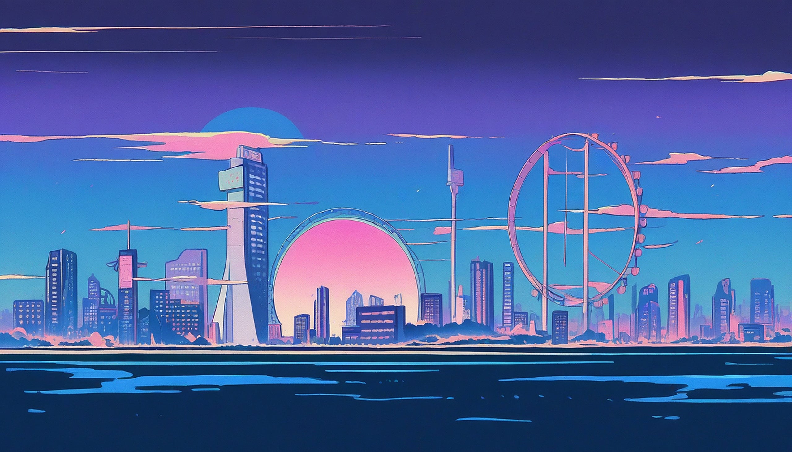Retro Futurism City Skyline Sunset Wallpaper, cityscape, vaporwave, synthwave, retrofuturism, sunset, anime city