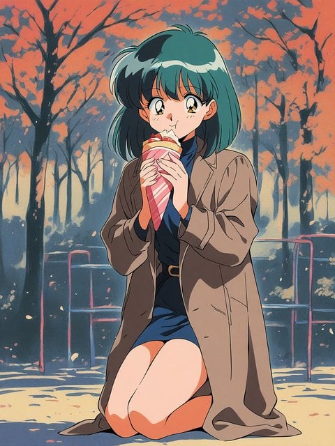 Anime Girl Eating Crepe in Autumn Park