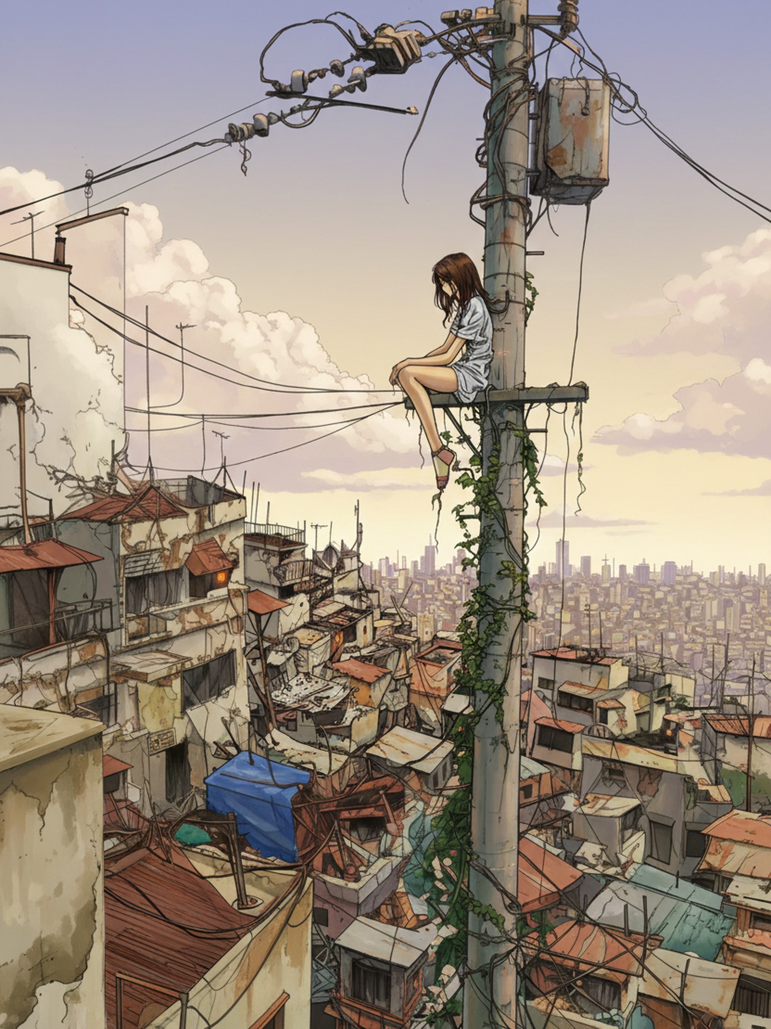 Girl on Pole, Overgrown Slum Cityscape, cityscape, anime girl, slum, overgrown, utility pole, urban decay