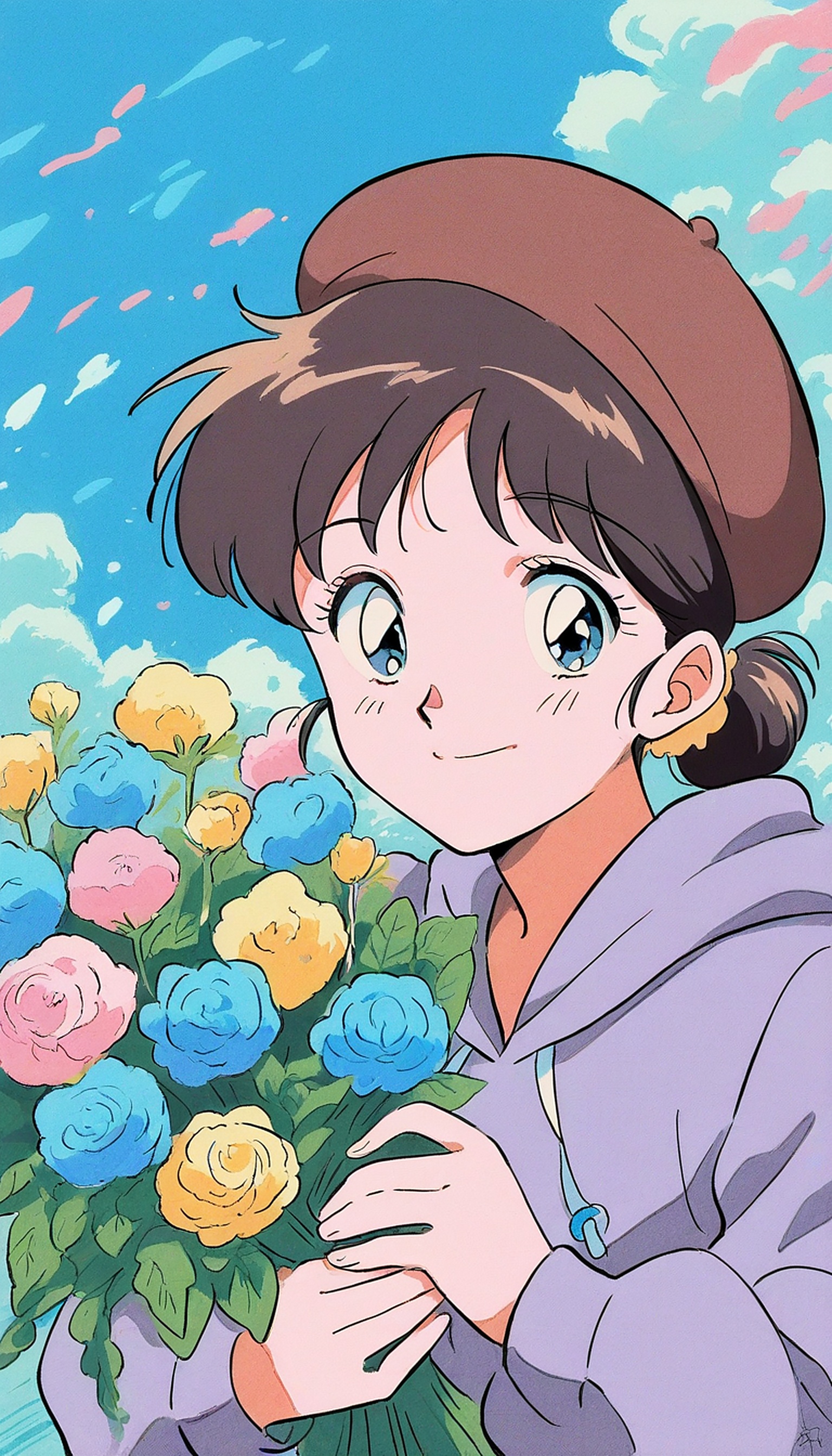 Anime Girl with Beret and Colorful Flower Bouquet, anime girl, flower bouquet, beret, pastel colors, cute anime, 90s anime style