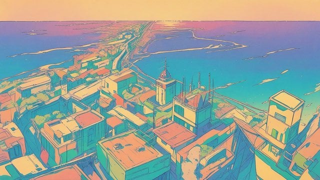 Coastal City Sunset Horizon Anime Art