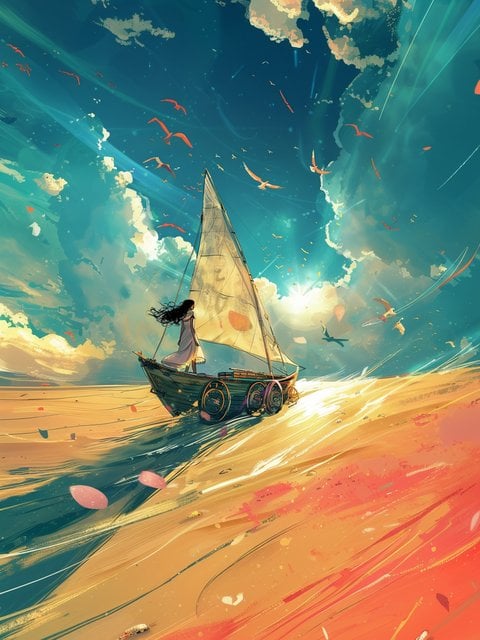 Fantasy Desert Sailor Girl Flying Birds Wallpaper