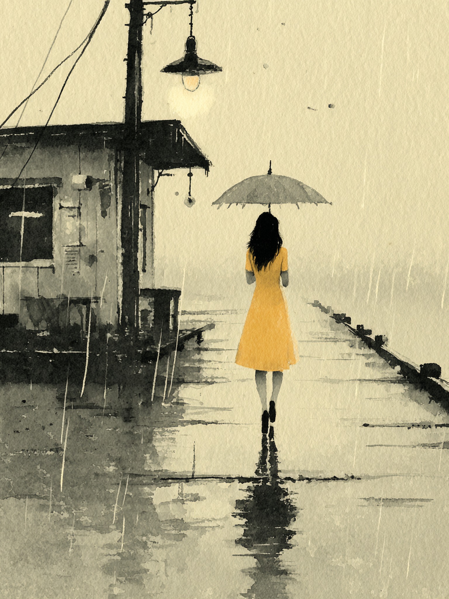 Woman in Yellow Dress Walking in Rain Watercolor, rainy day, woman walking, yellow dress, umbrella, watercolor, monochrome