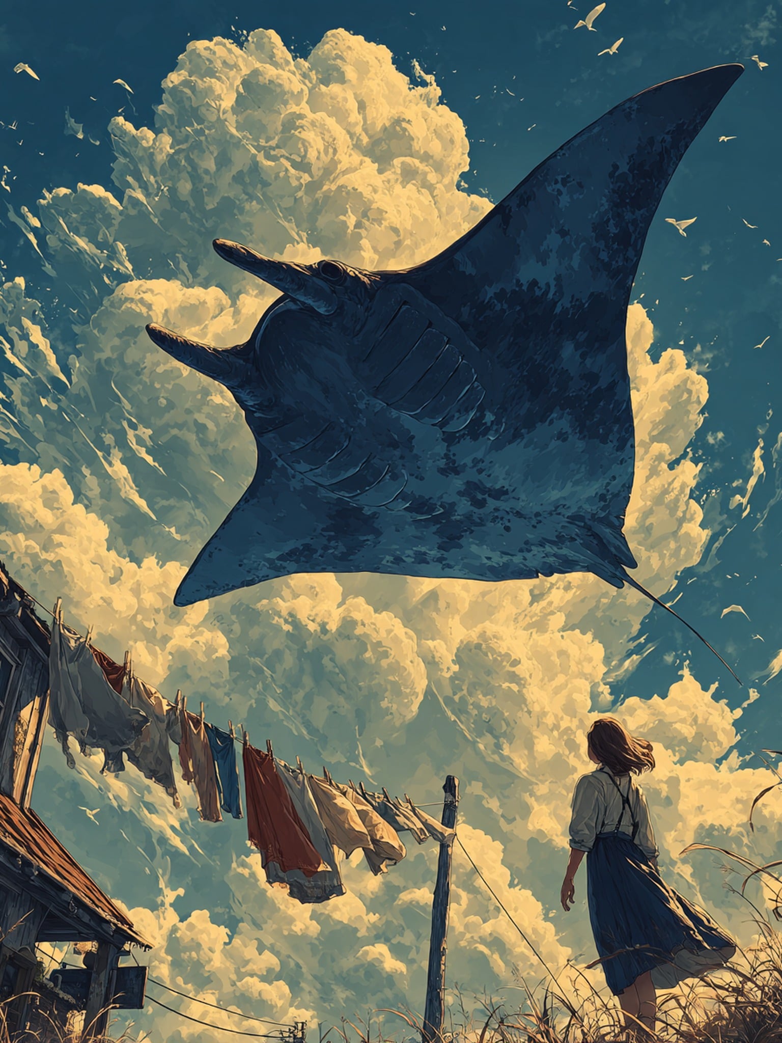 Giant Manta Ray in Cloudy Sky Anime Aesthetic, manta ray, cloud sky, anime art, fantasy, surreal, dreamy