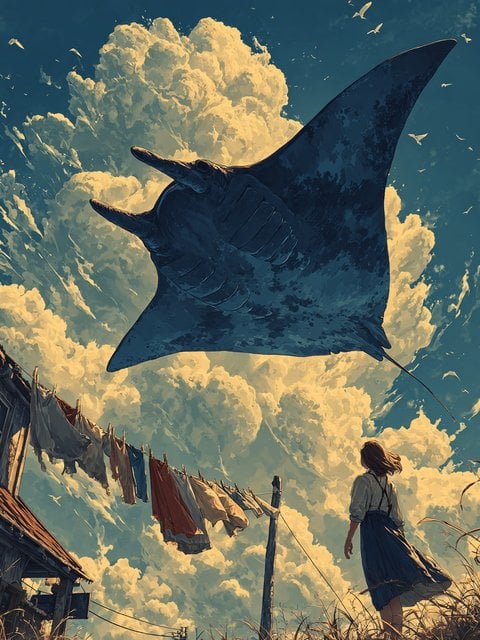 Giant Manta Ray in Cloudy Sky Anime Aesthetic