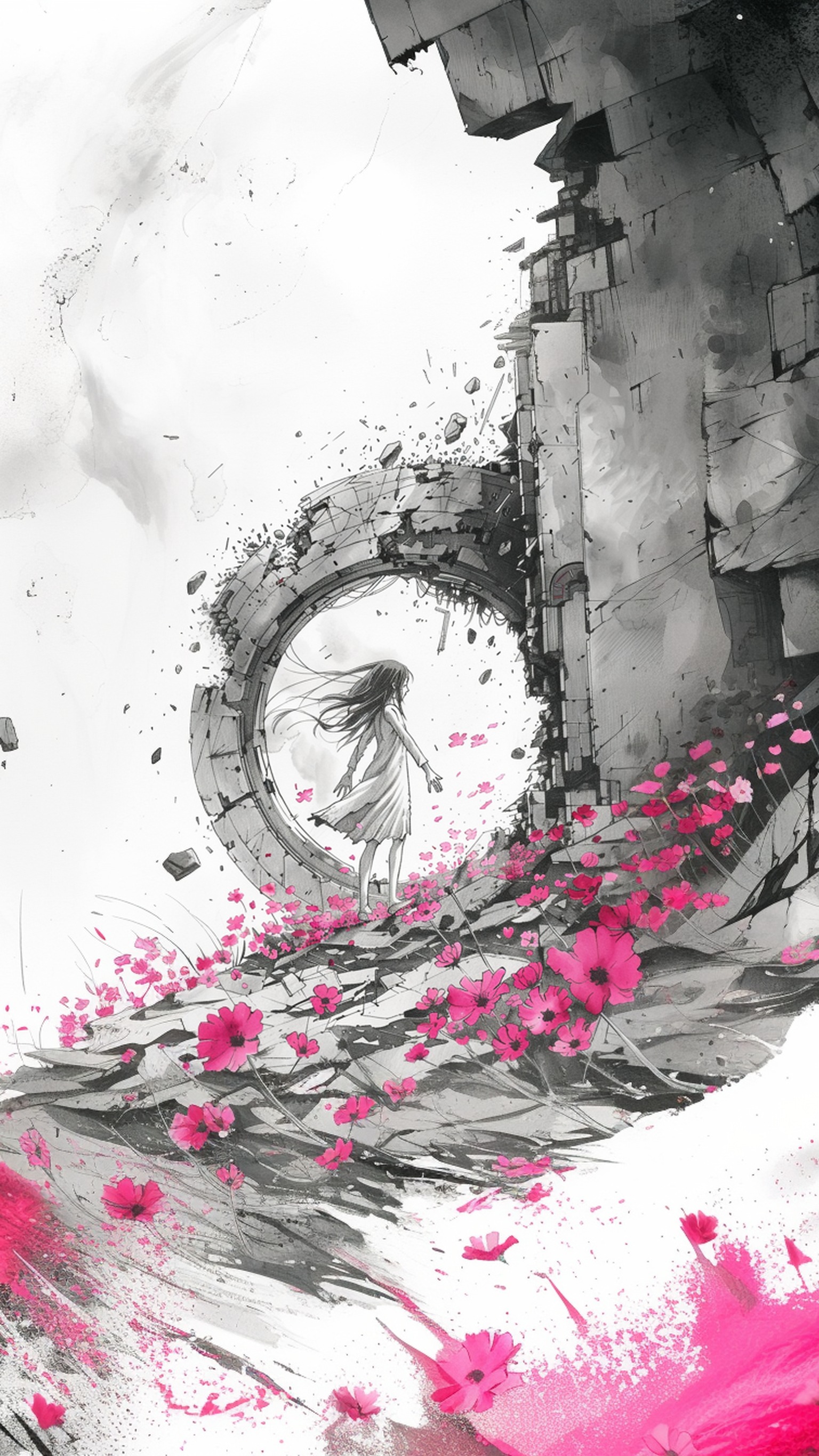 Woman Stepping Through Portal with Pink Flowers, fantasy wallpaper, portal art, pink flowers, monochrome with color, woman walking, grunge art