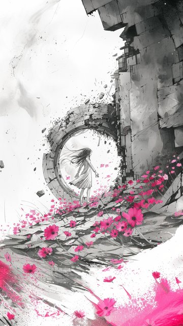 Woman Stepping Through Portal with Pink Flowers