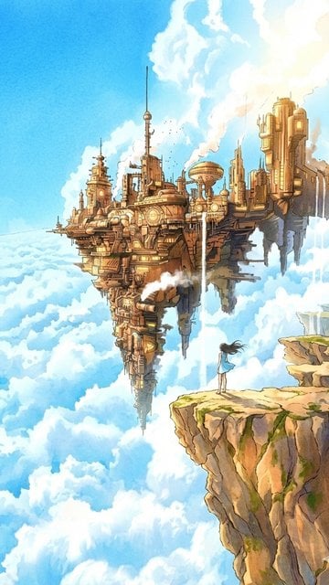 Floating Steampunk City in Sky with Girl on Cliff
