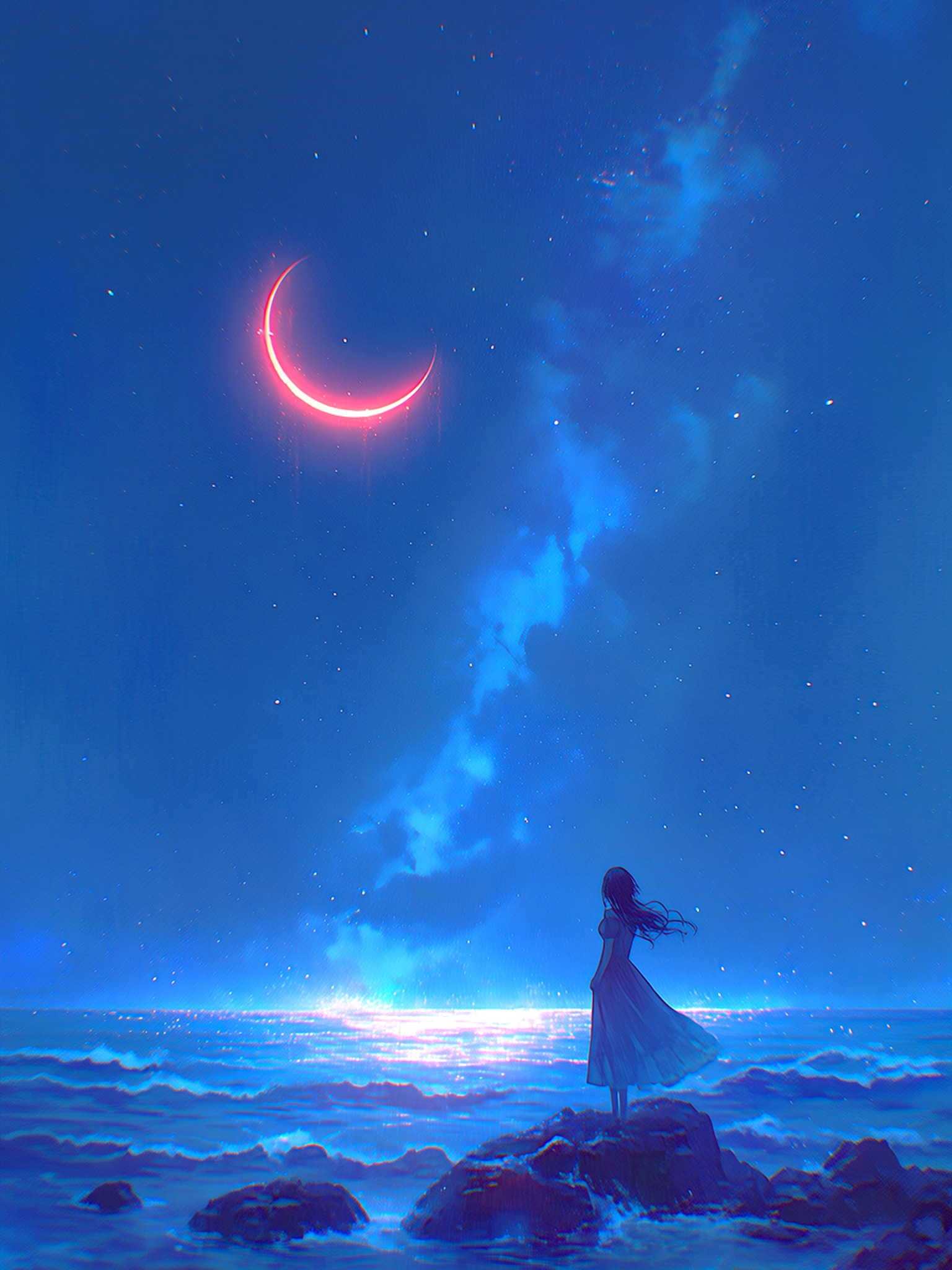 Woman on Cliff, Glowing Moon & Starry Ocean, glowing moon, starry night, ocean, woman silhouette, fantasy art, anime aesthetic