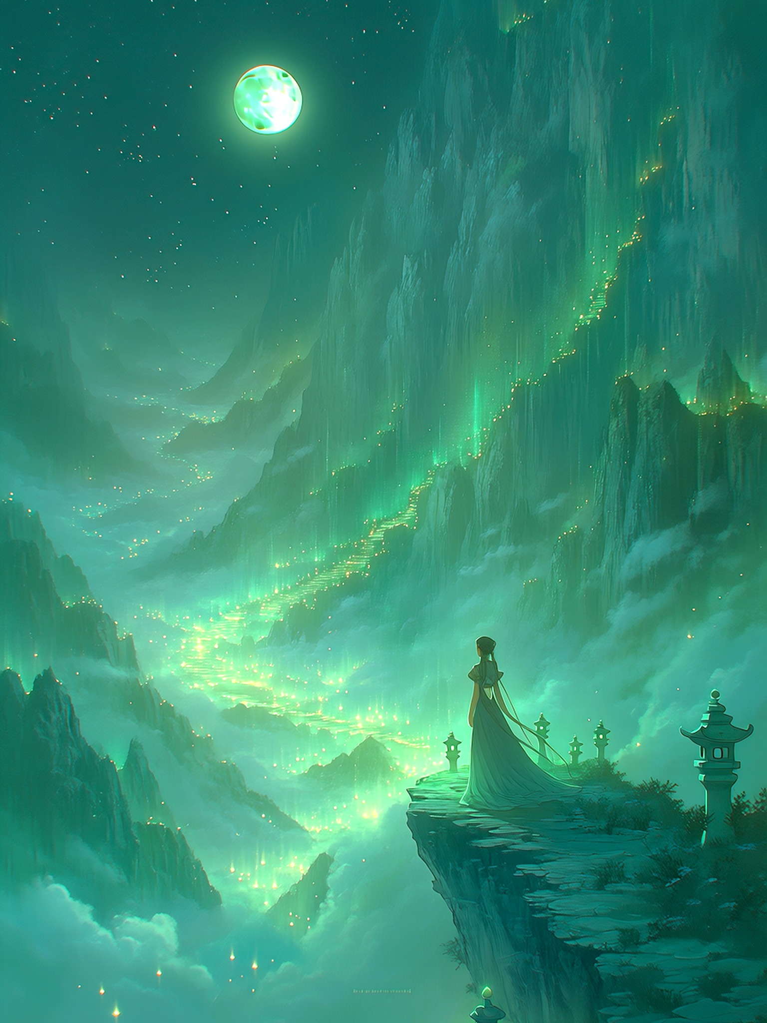 Enchanted Teal Mountains Moonlight Spirit, fantasy landscape, teal mountains, glowing moon, mystical valley, ethereal, spirit journey
