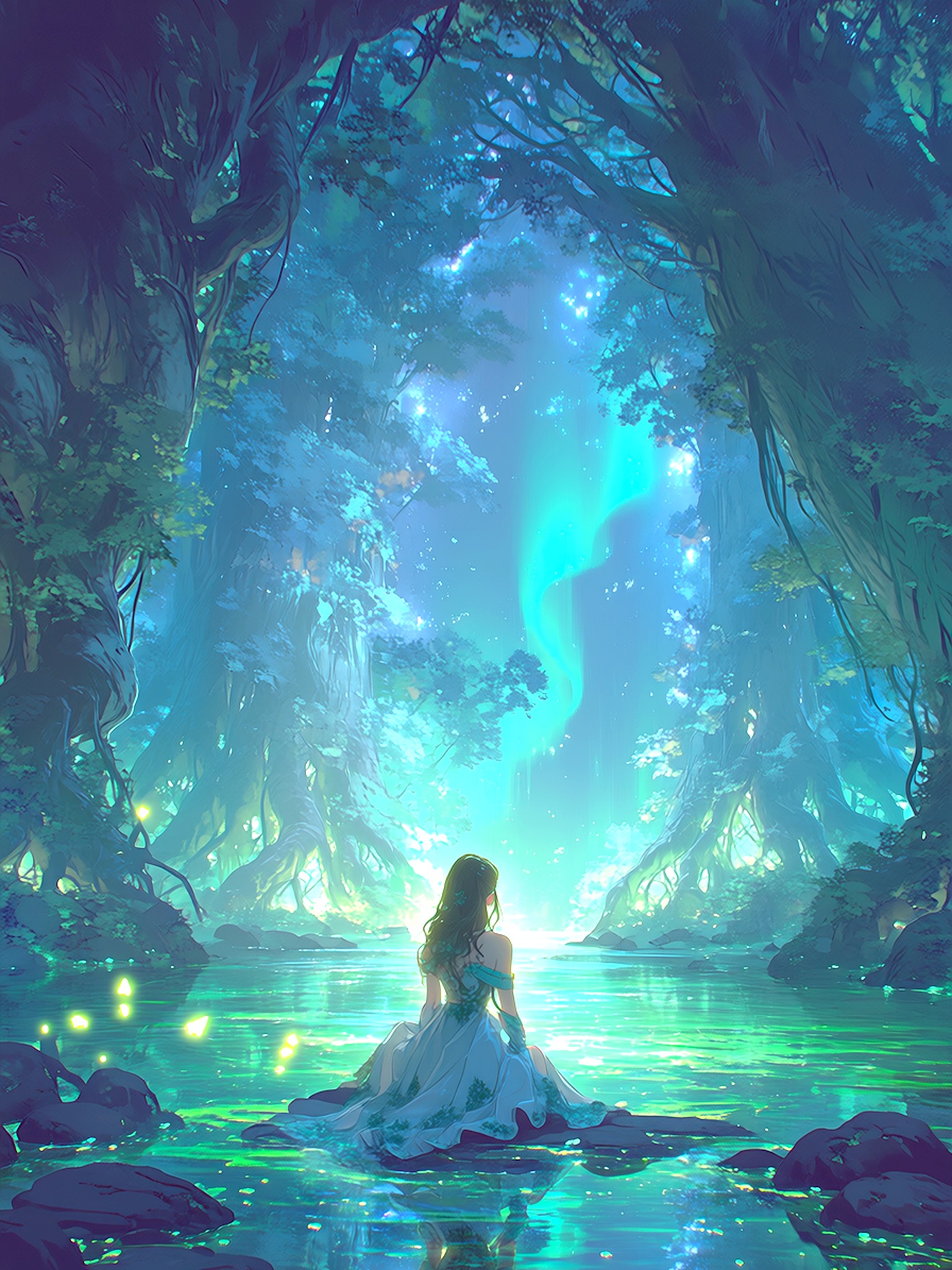 Enchanted Forest Lake Aurora Anime Girl, enchanted forest, anime girl, fantasy lake, aurora borealis, magical nature, glowing water
