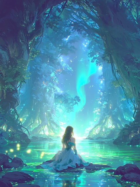 Enchanted Forest Lake Aurora Anime Girl