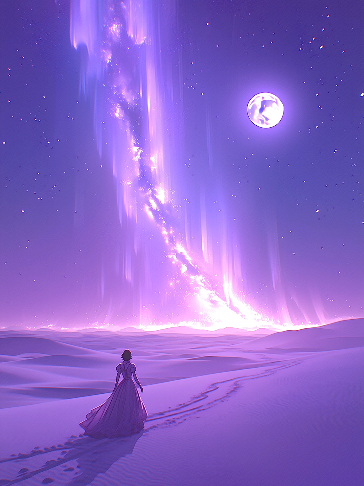 Desert Moon and Radiant Sky Dreamscape, purple desert, radiant sky, milky way, fantasy landscape, dreamy aesthetic, full moon