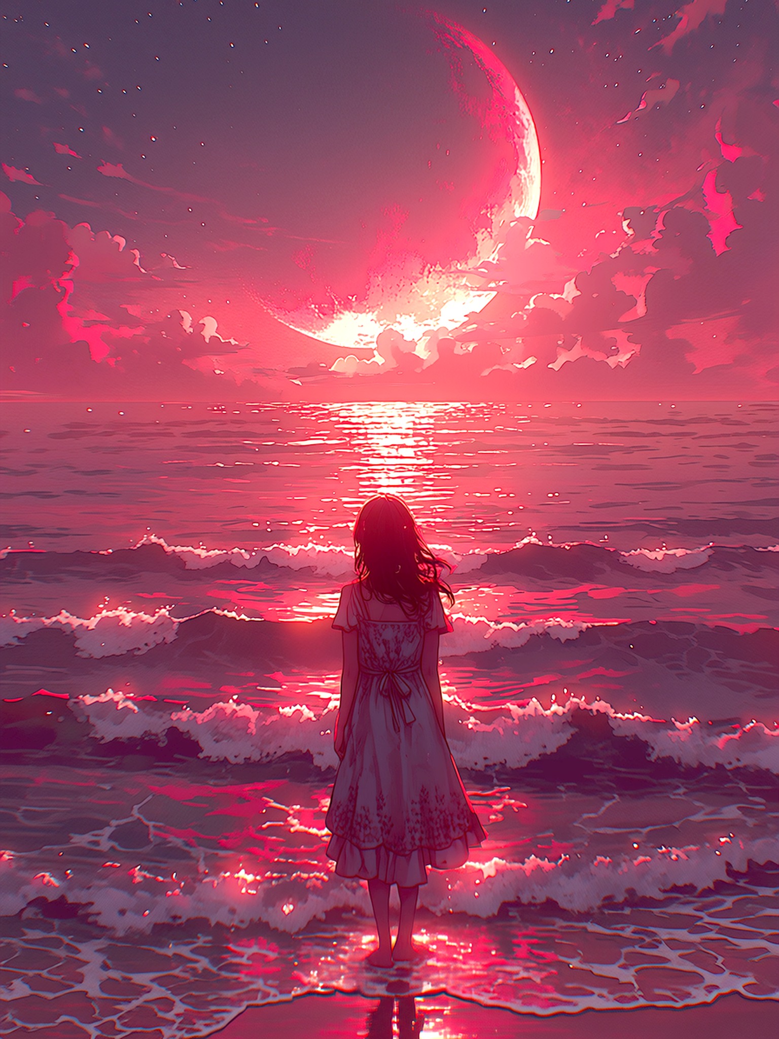 Anime Girl at Ocean Under Red Crescent Moon, anime girl, ocean, moonlit sea, red moon, fantasy, pink aesthetic