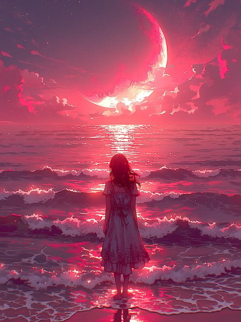Anime Girl at Ocean Under Red Crescent Moon