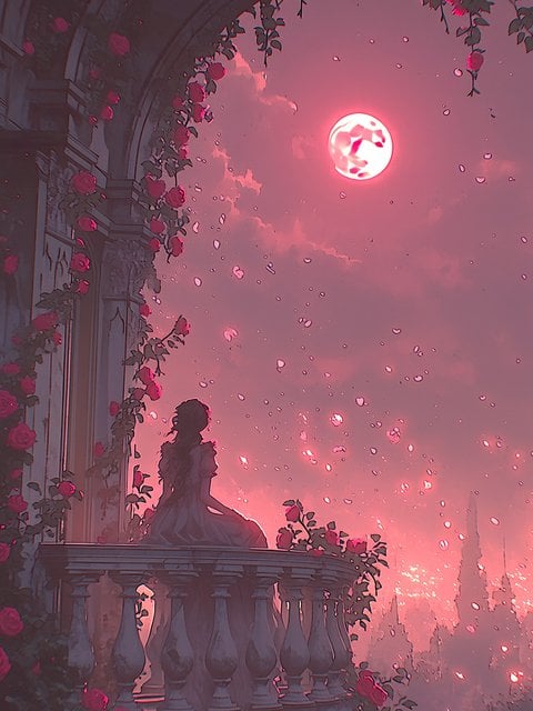 Moonlit Balcony with Roses & Falling Petals