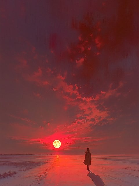 Winter Sunset Solitude: Red Sky, Lone Figure