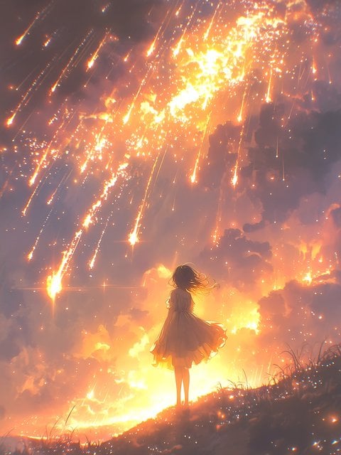 Anime Girl Watches Fiery Meteor Shower Sky