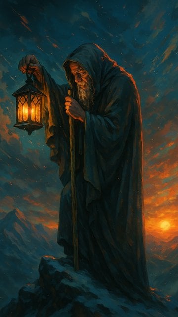Old Wanderer with Lantern, Sunset Mountain