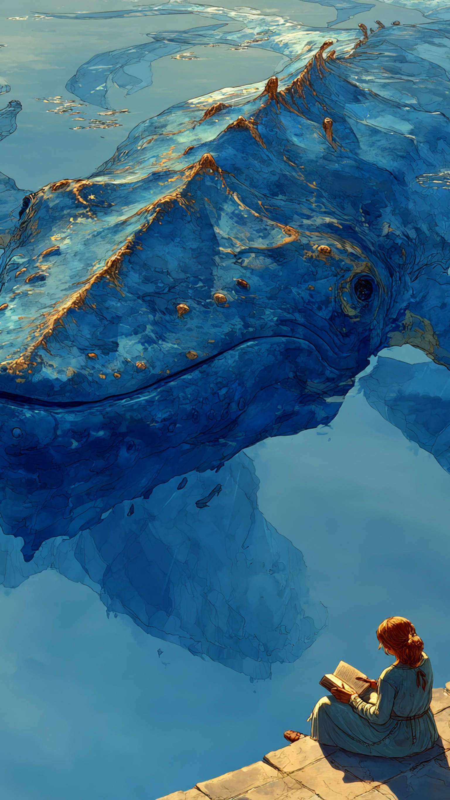 Celestial Whale & Reader fantasy art, celestial whale, fantasy art, ethereal landscape, giant whale, dreamy blue, golden highlights