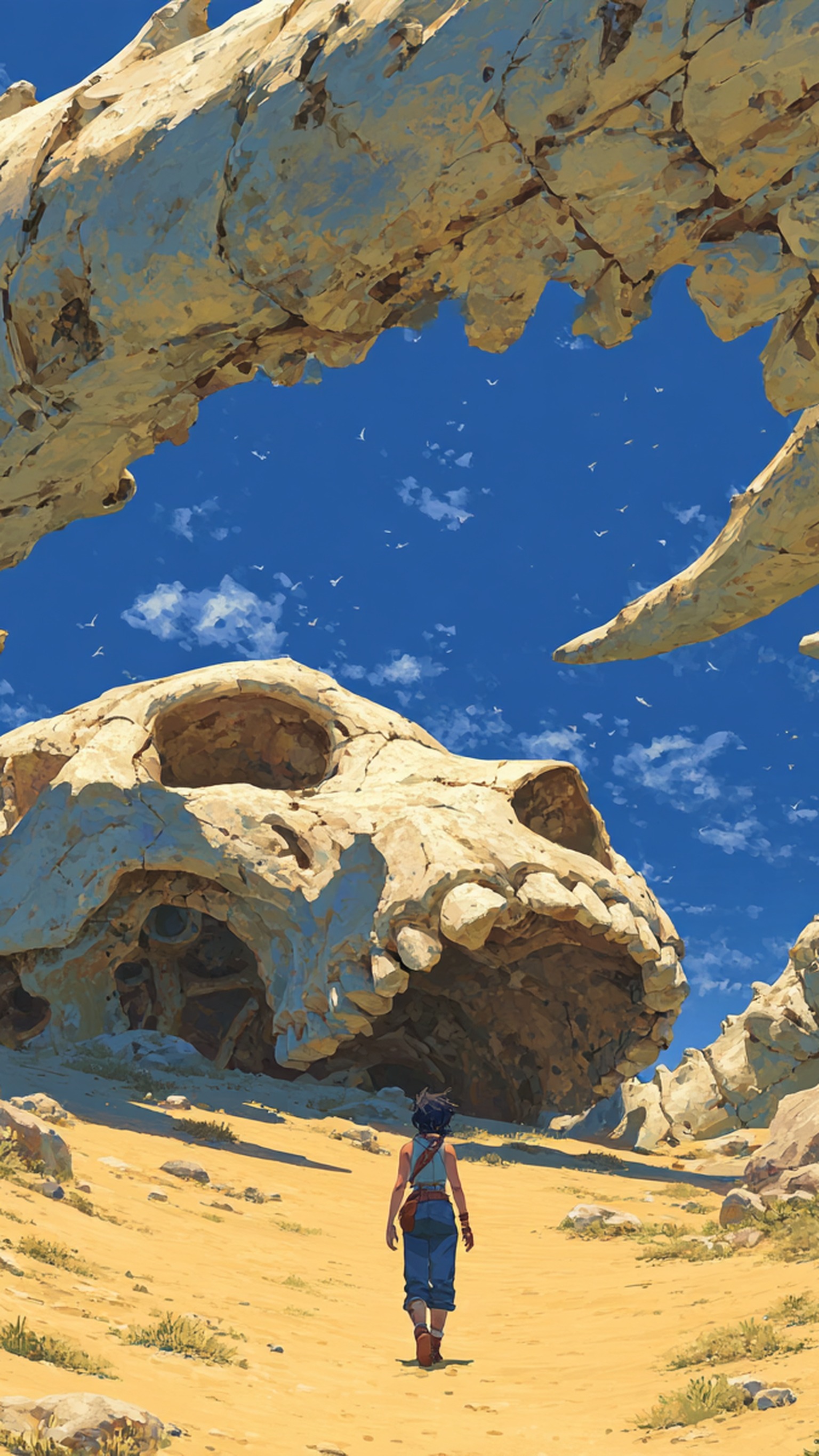 Desert Explorer Under Ancient Bone Arch, desert, bones, fantasy, explorer, anime style, adventure