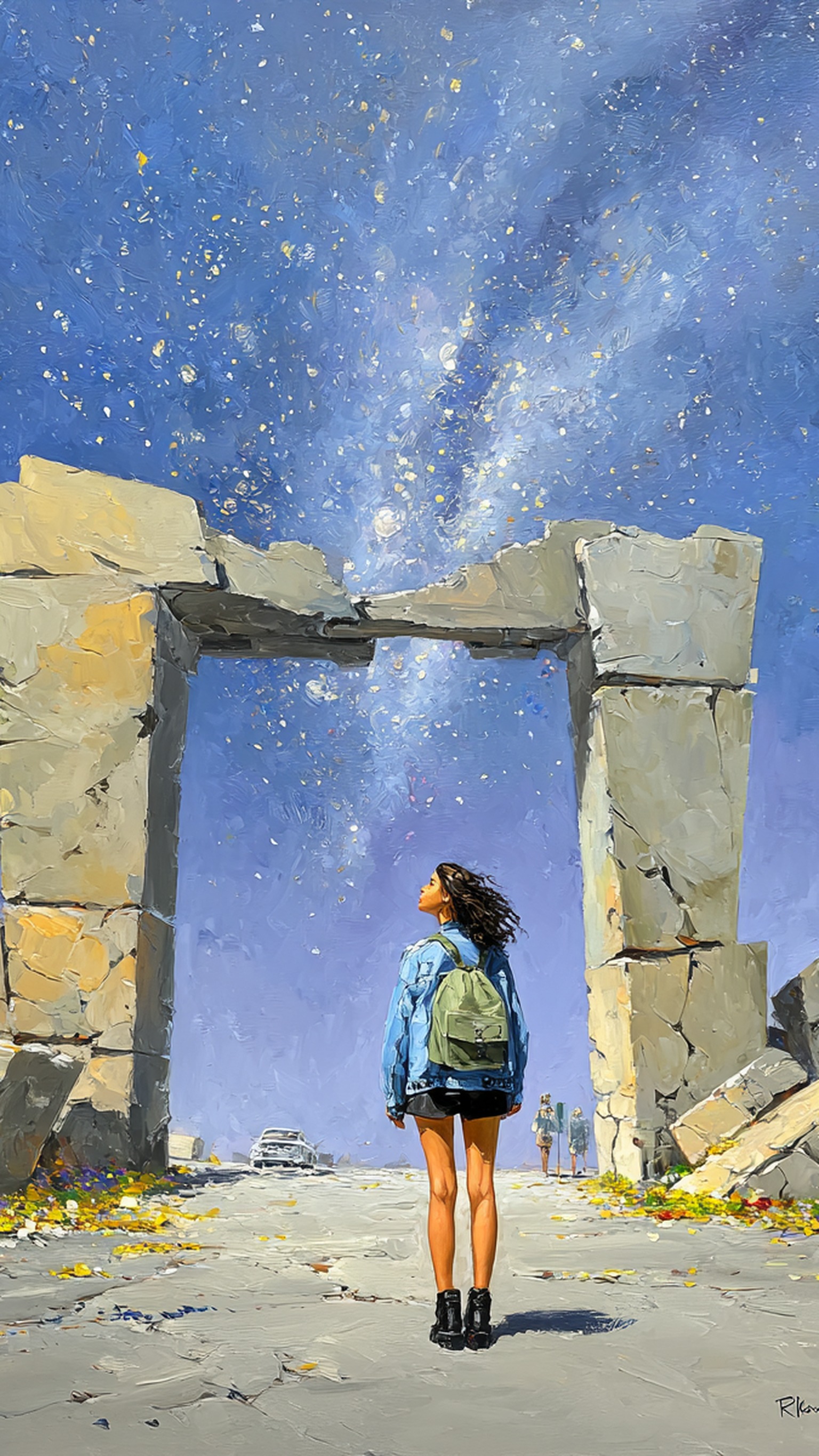 Girl Gazing at Starry Sky Arch Ruins Painting, starry sky, ancient ruins, girl looking up, oil painting style, impasto art, blue sky