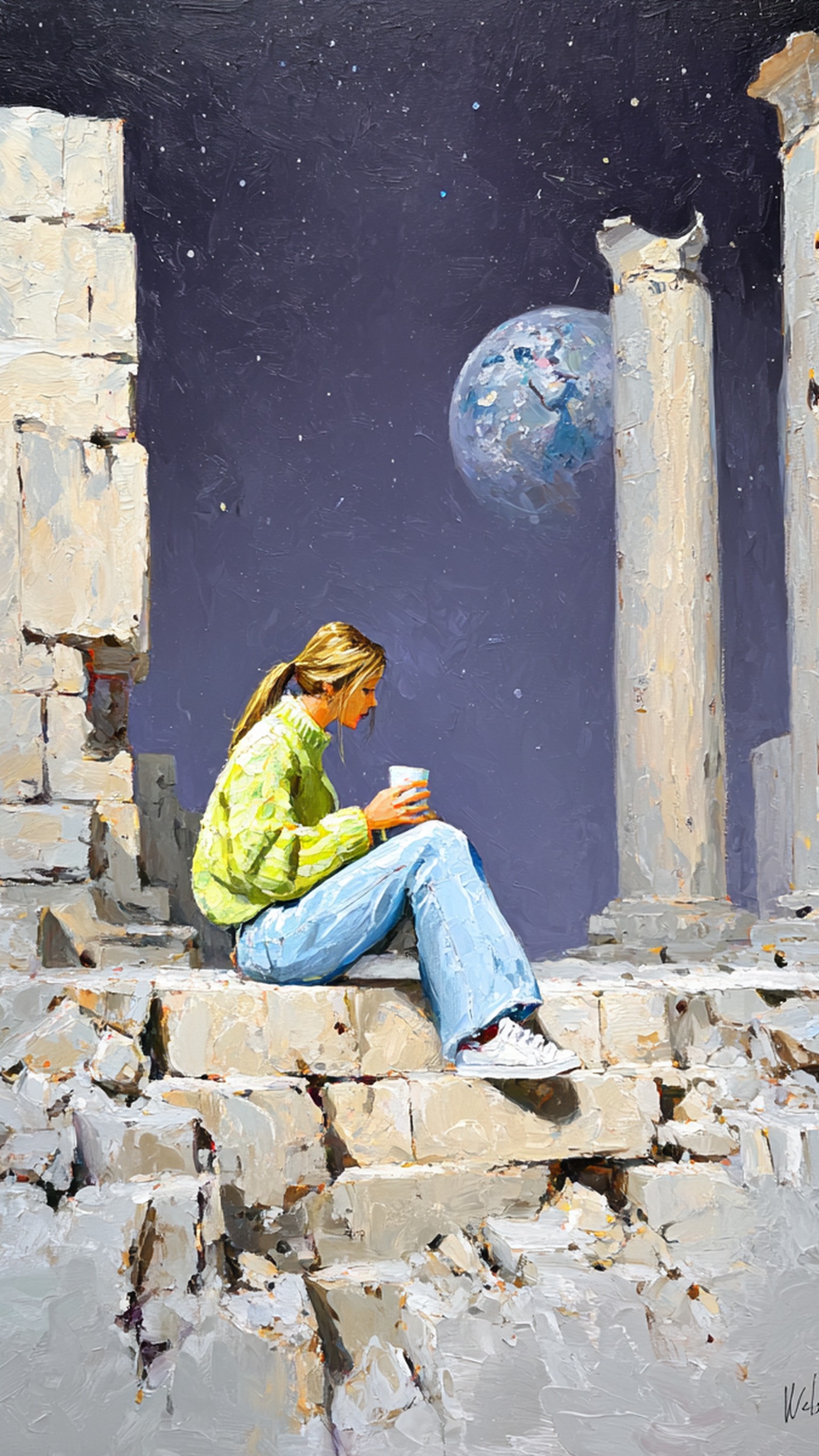 Woman on Ruins under Cosmic Night Sky, woman, ruins, night sky, moon, stars, oil painting