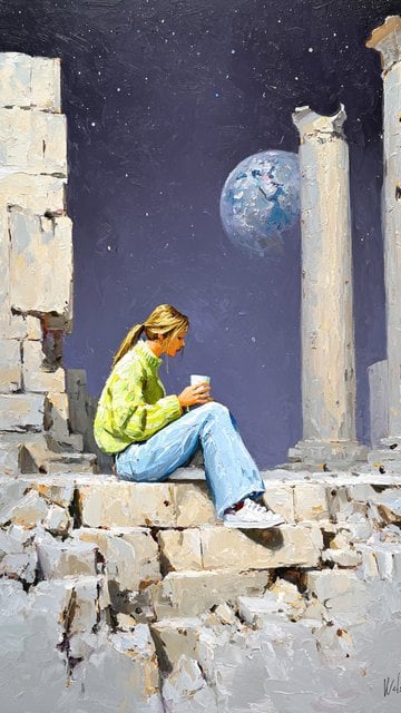 Woman on Ruins under Cosmic Night Sky