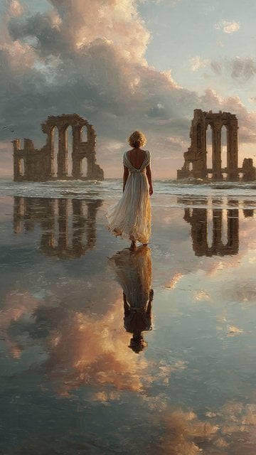 Woman on Beach with Ancient Ruins at Sunset