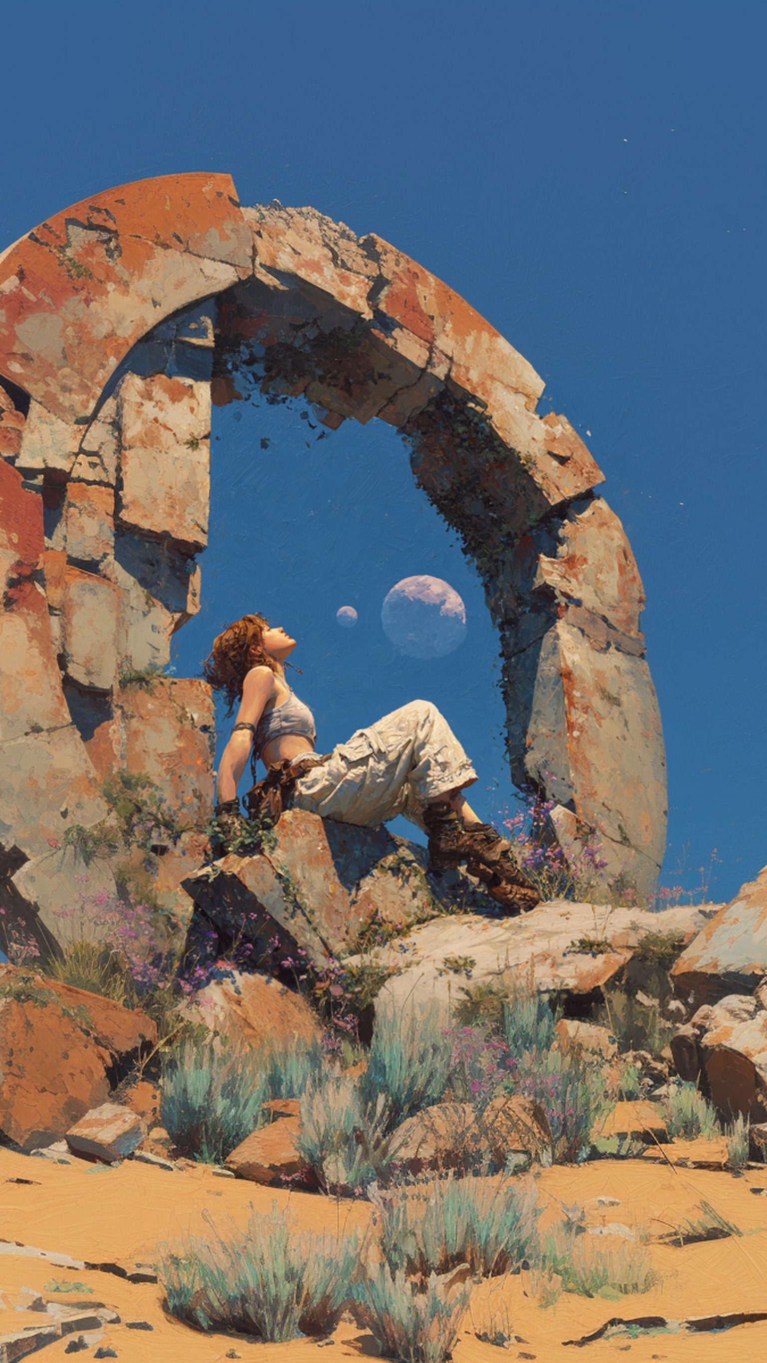 Desert Archway with Woman and Distant Planets, desert, fantasy, sci-fi, woman, ruins, planets