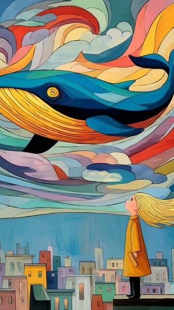 Girl Gazing at Abstract Whale Cityscape Wallpaper