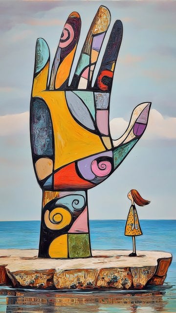 Abstract Hand Sculpture & Girl by Sea