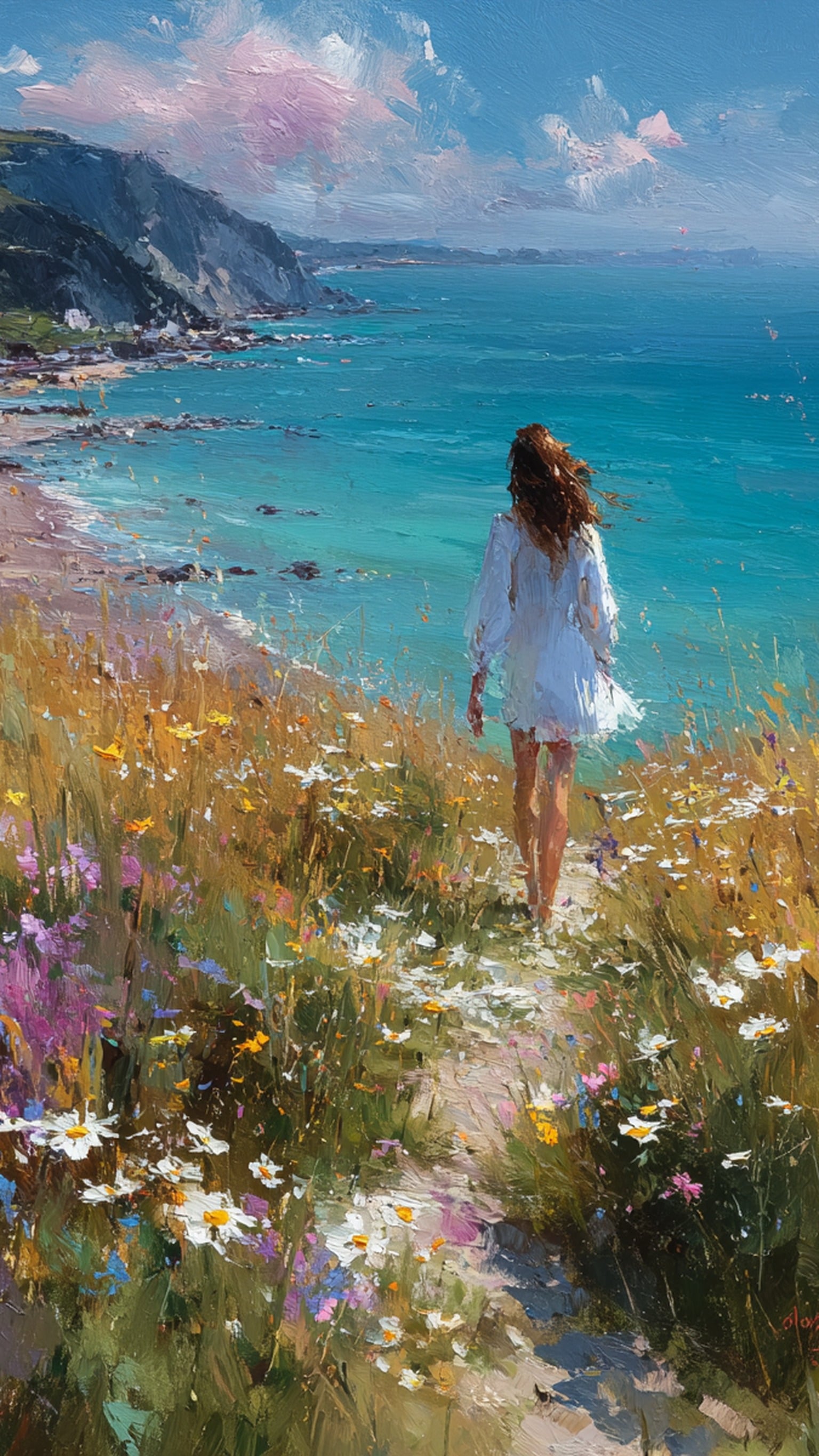 Woman on Coastal Cliff Path, Impressionist Summer, coastal path, woman walking, impressionism, summer landscape, turquoise sea, wildflowers