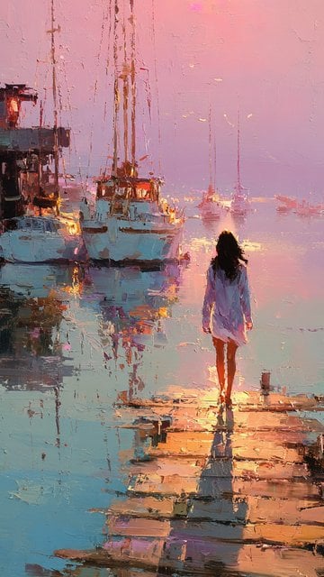 Impressionist Sunset Marina Walk Wallpaper