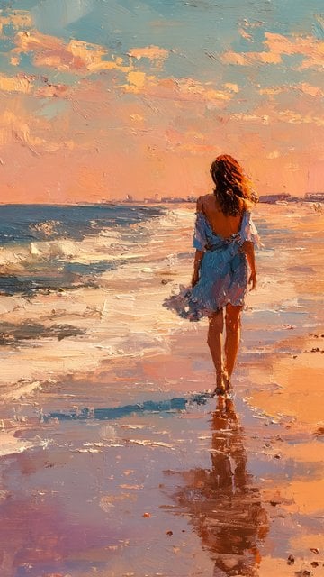 Woman on Beach at Sunset Oil Painting