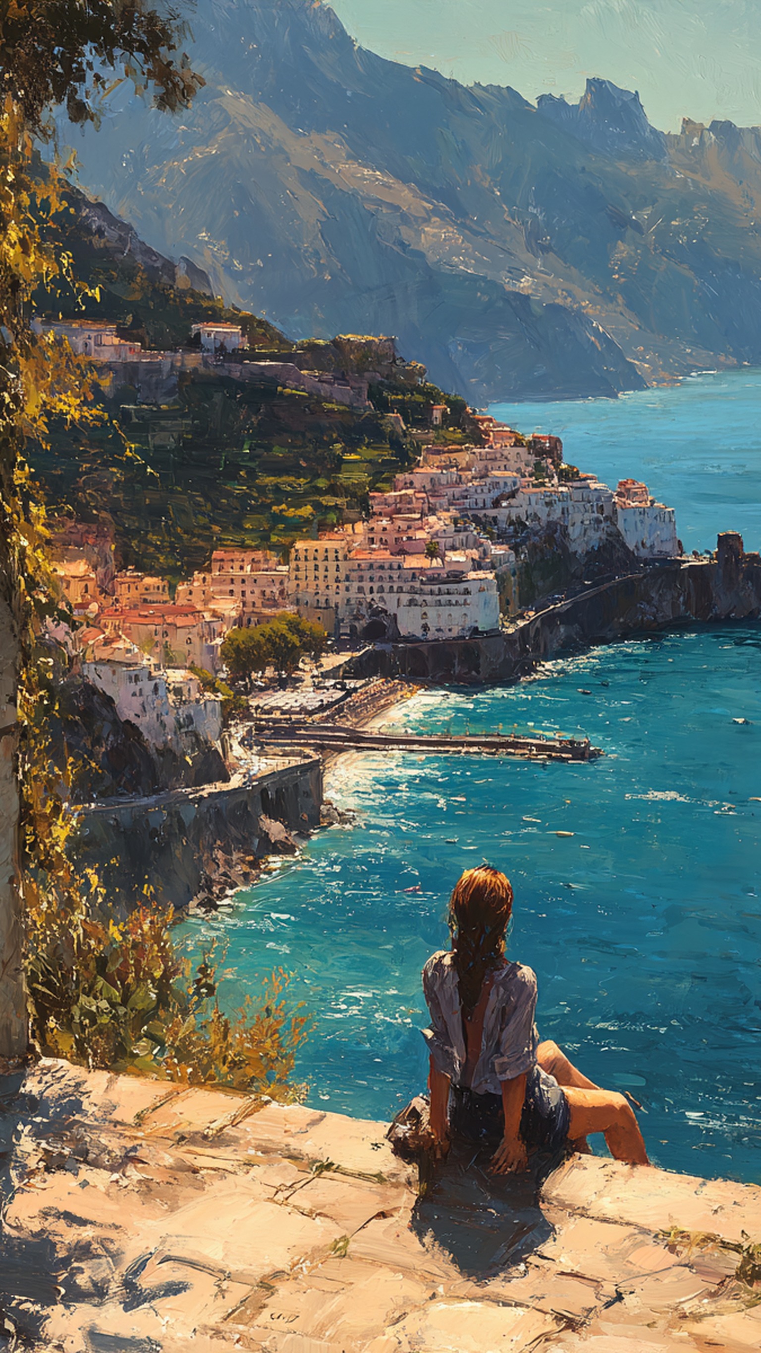 Amalfi Coast Town View with Woman, amalfi coast, italy, coastal town, sea view, mediterranean, impressionistic art