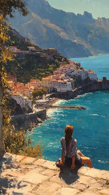 Amalfi Coast Town View with Woman