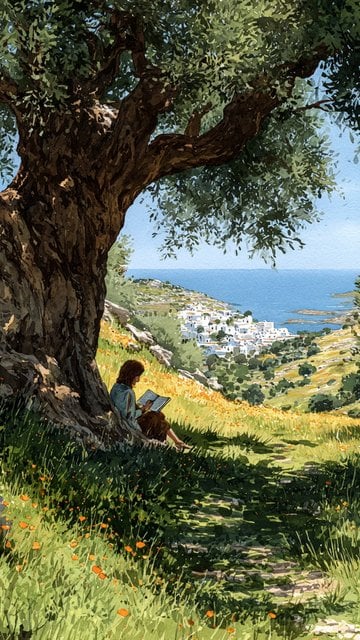 Woman Reading Under Olive Tree by Mediterranean Village