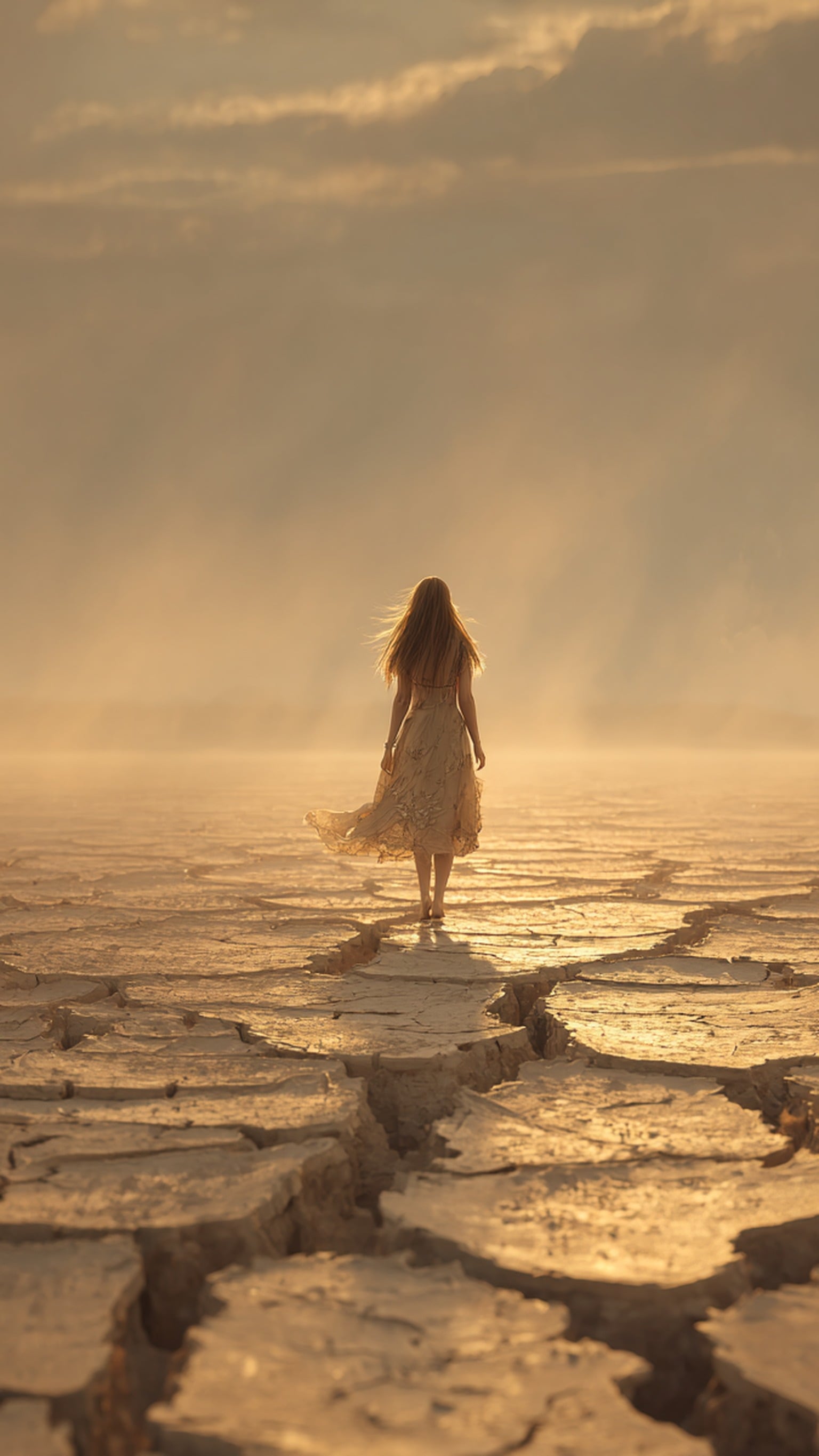 Woman on Cracked Earth at Golden Sunset, woman, cracked earth, desert, sunset, golden hour, solitude