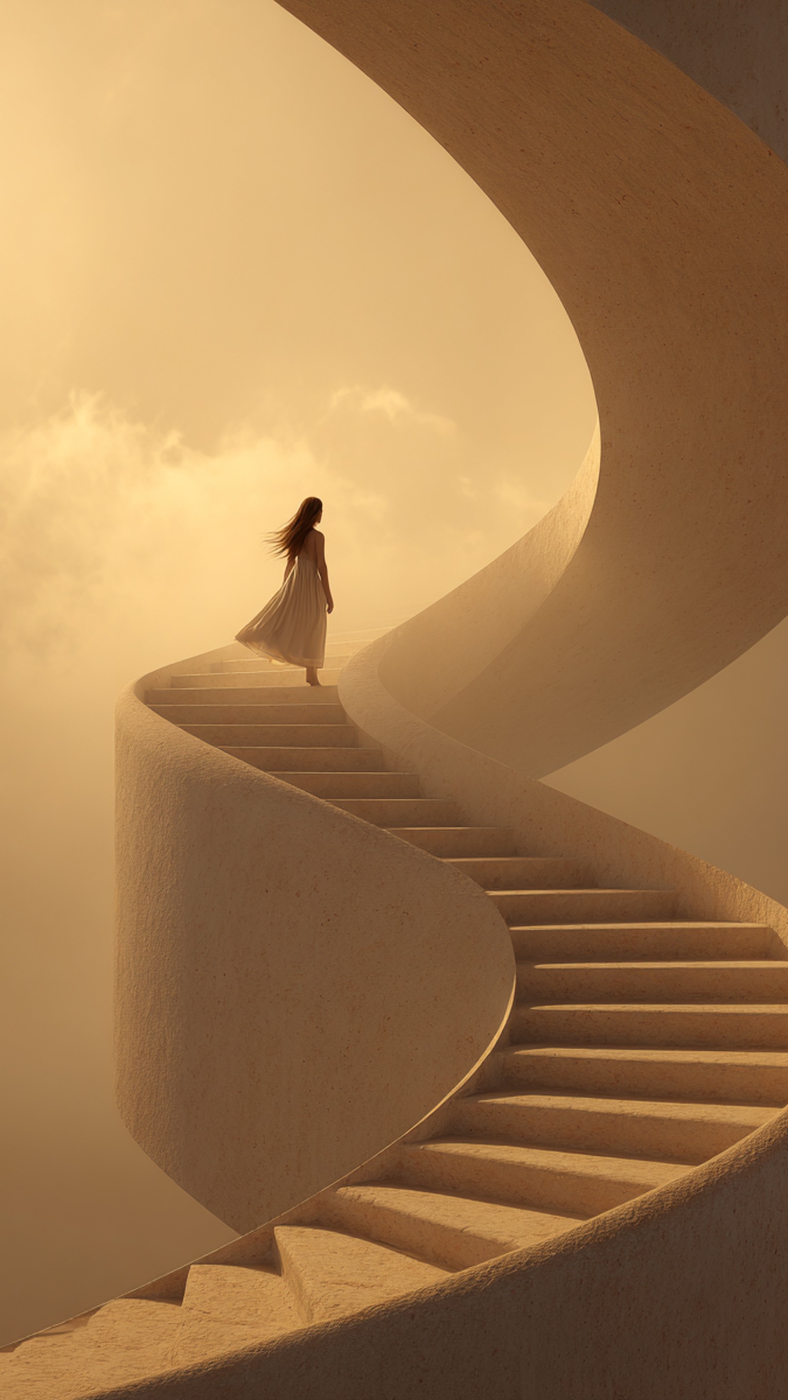 Woman on Infinite Spiral Staircase Wallpaper, spiral staircase, dreamy, golden light, woman, ascension, minimalist