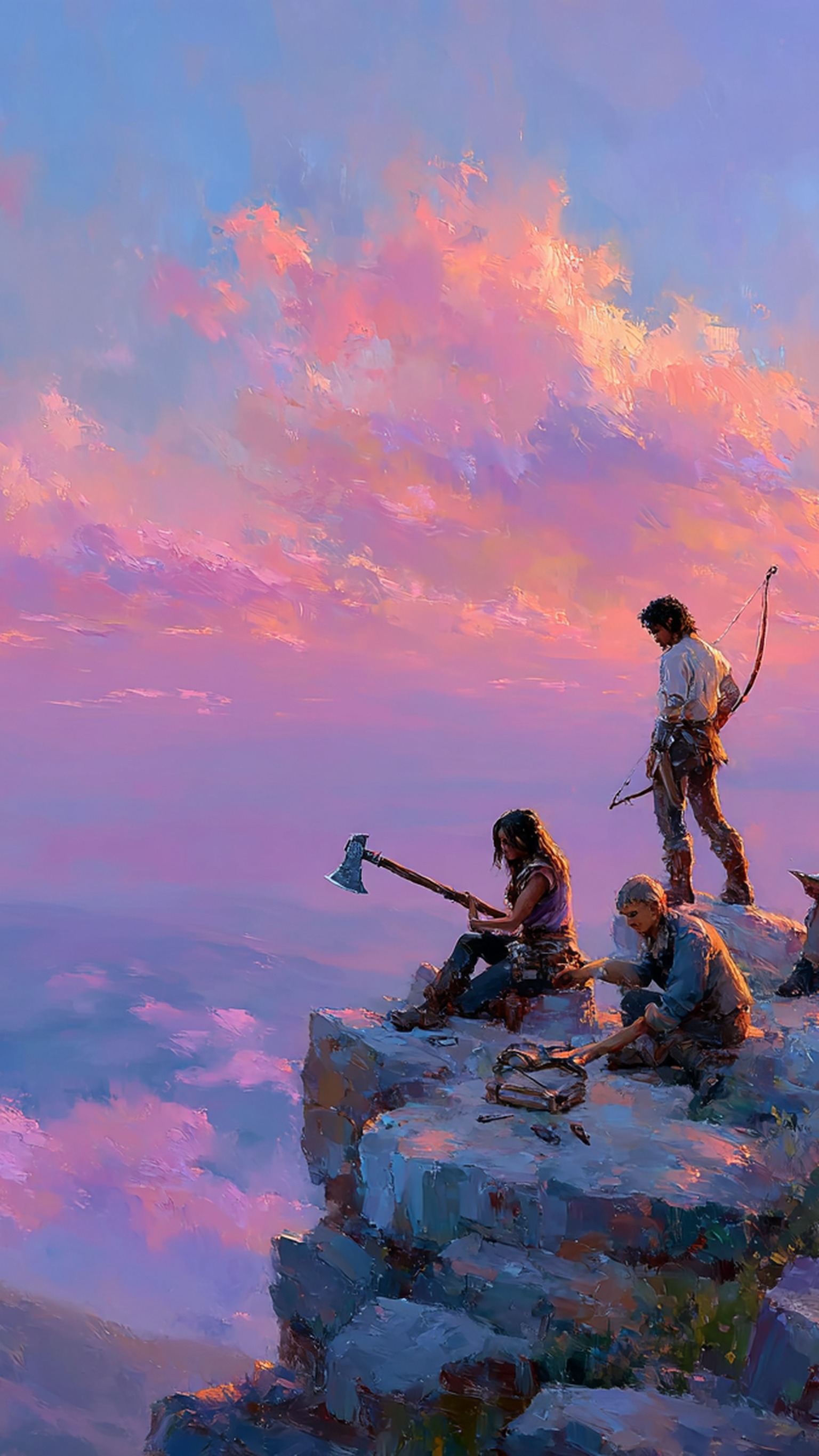 Fantasy Cliffside Gathering at Sunset Painting, fantasy, adventure, sunset, cliff, painting, purple sky